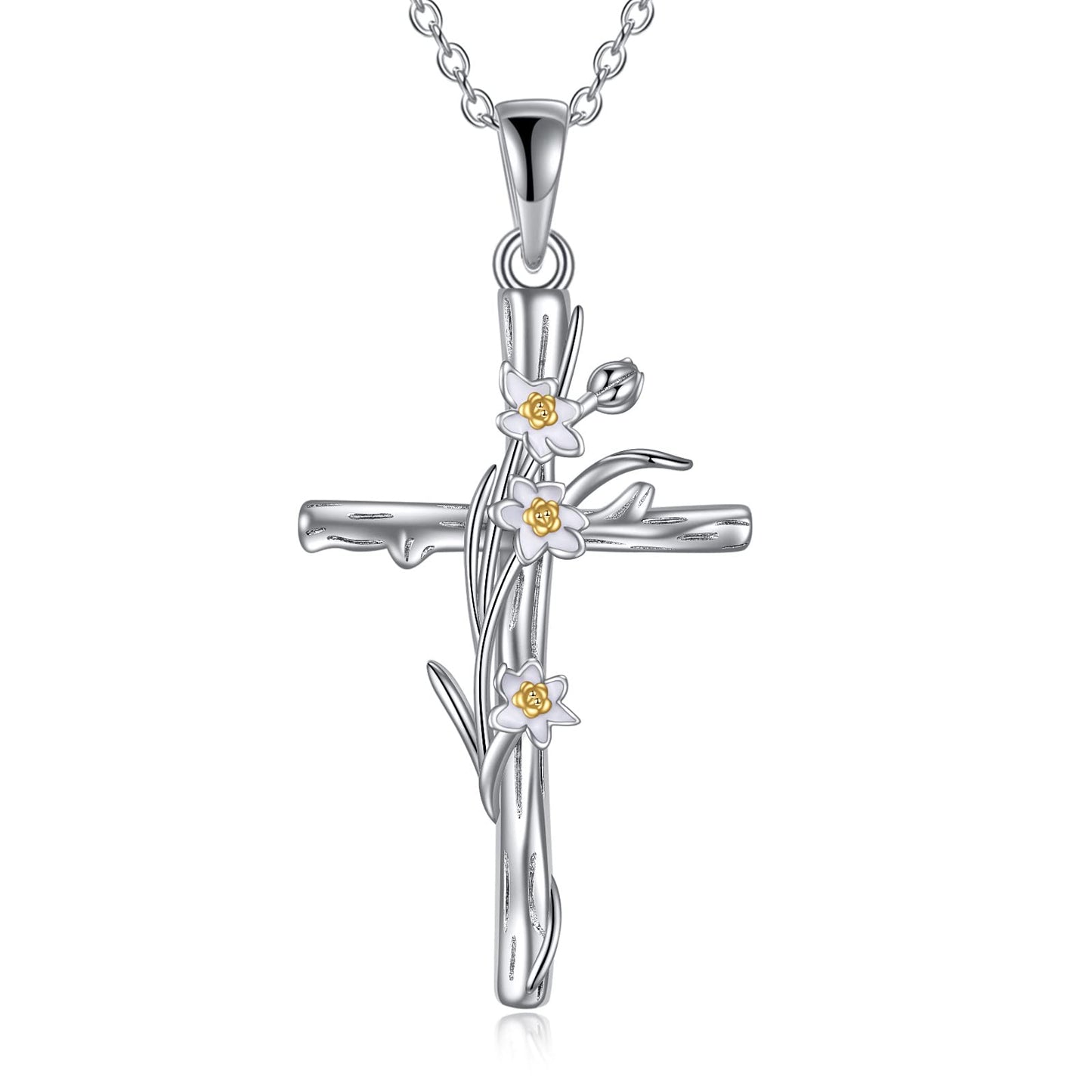 LUHE Women's Cross Necklace - Sterling Silver Daffodils Religious Cross Pendant - Jewelry Gift for Christmas or March Birth Flower