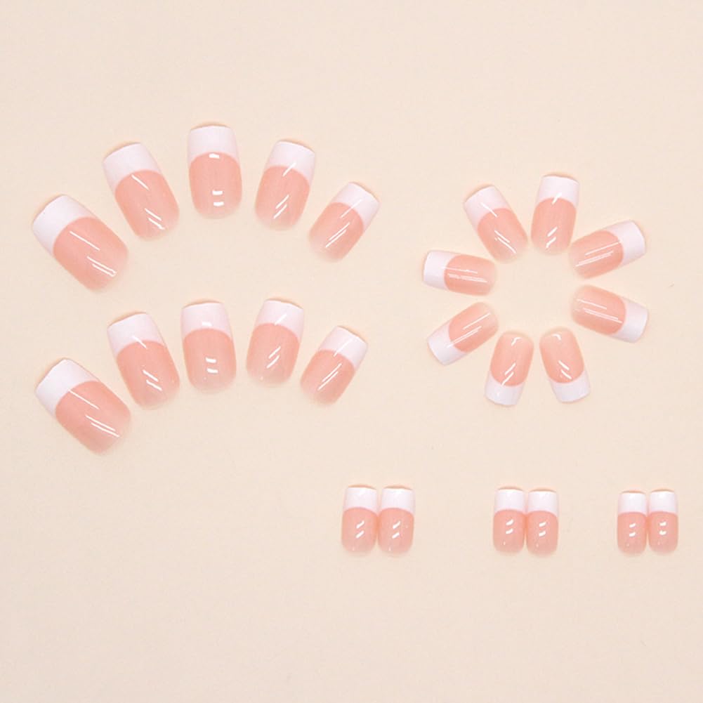 Acrylic Press on Nails Medium Square Fake Nails White French Tip False Nails with Gloss Designs Nails Press on Artificial Nails Stick on Nails for Women 24Pcs
