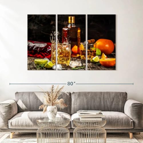 ElephantStock - Citrus Whiskey And Cigar Wall Art - Horizontal Multi Panel Canvas - 3 Piece Living Room Wall Decor - Photography Food And Drink Multi Piece Wall Art - Brown And Gray Decor - 57" x 36" - size: 57"L x 36"W