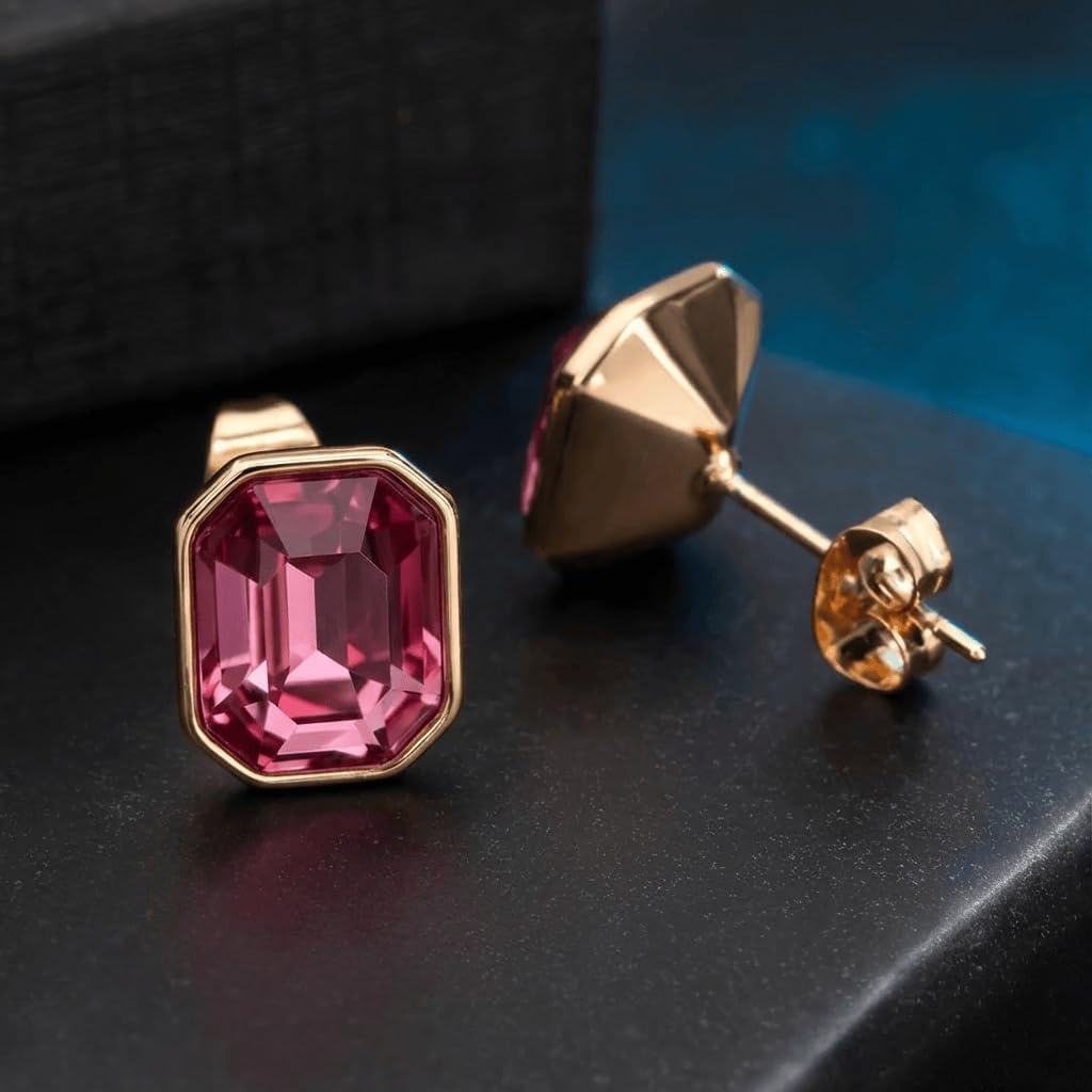 Austrian Crystal Octagon Stud Earrings for Women Fashion 925 Sterling Silver Post Hypoallergenic Jewelry (Pink)