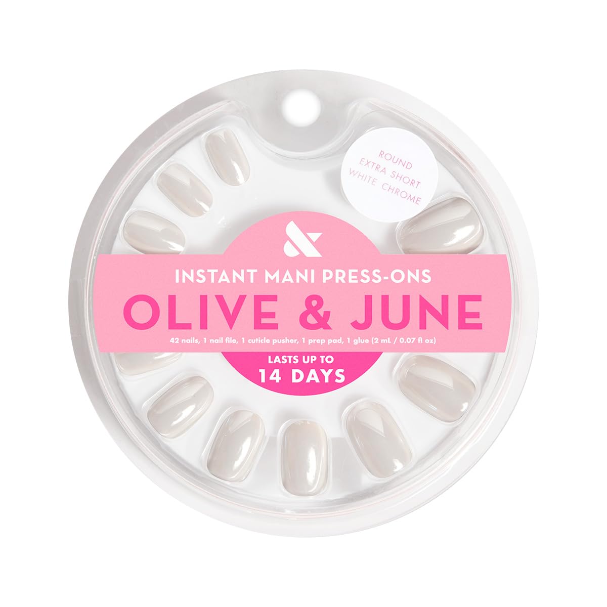 Olive & June Instant Mani Press-On Nails (Glue) | 42 Fake Nails, 21 Sizes | Non-Toxic Long-Lasting Recycled Materials Realistic Look | Salon-Quality at Home | Extra Short, Round | White Chrome
