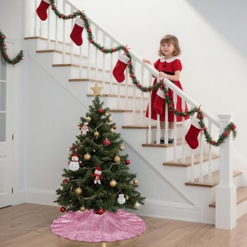 Poise3EHome Fuchsia Pink Christmas Tree Skirt, 24 Inch Sequin Tree Skirt