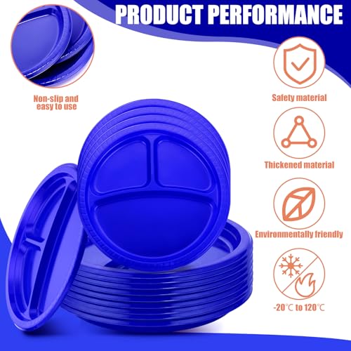 Umigy 100 Pcs 10 Inch 3 Compartments Divided Plastic Plates Bulk Colorful Disposable Heavy Duty Round Dinnerware for Party Valentine Wedding Birthday(Blue) - color: Blue
