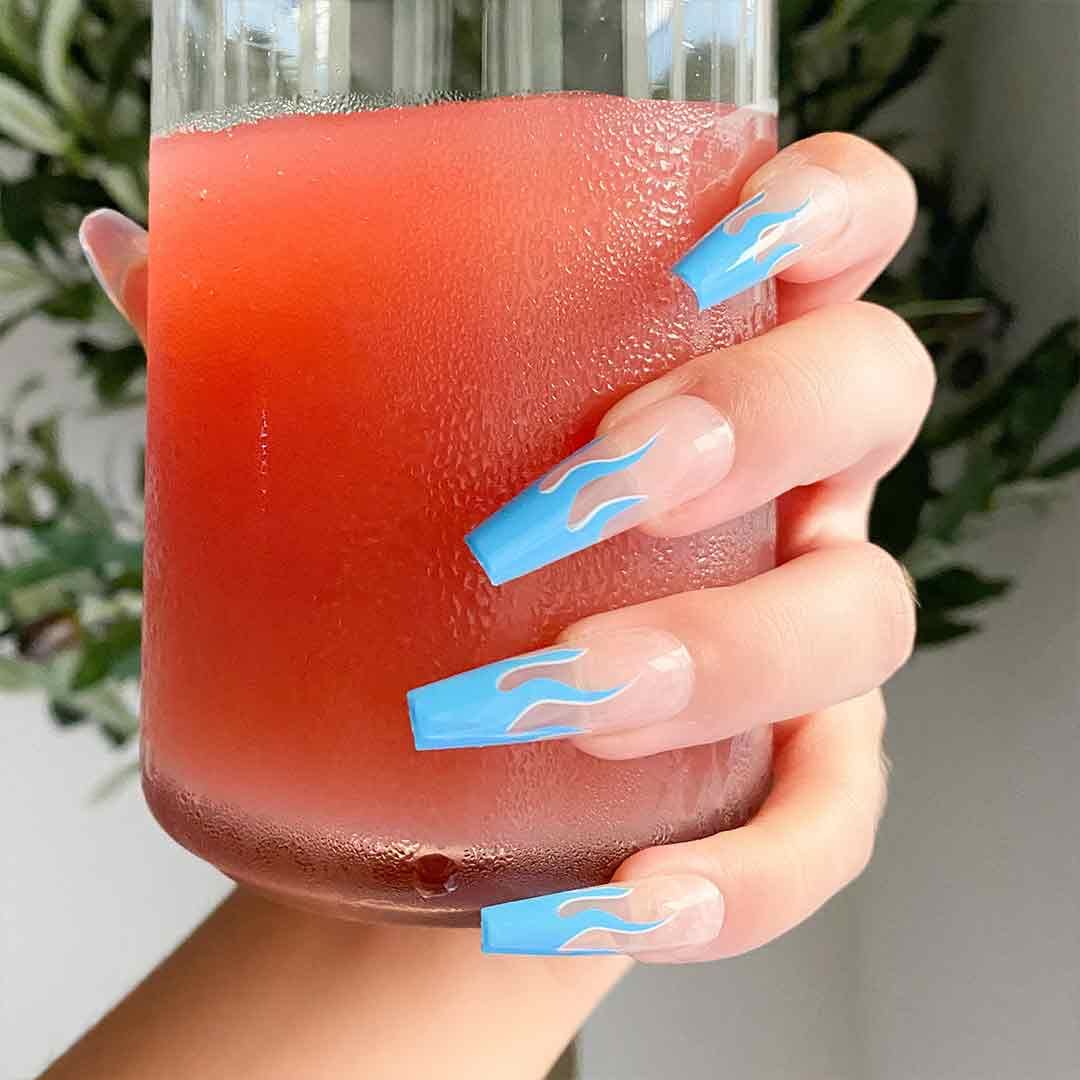 OCEAN FLAME Press-On Nails by Lavaa Beauty | Extra-Long Coffin | Blue Flame Tip Design