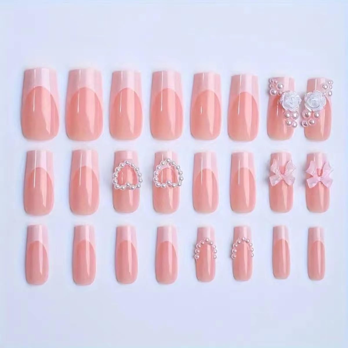 Coffin Press on Nails Medium - White French Tip Fake Nails with Bow Pearl Design - Heart Stick on Nails Press ons - for Women 24 Pcs