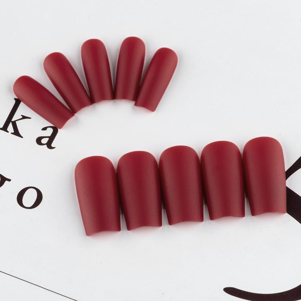 Matte Wine Red Press On Nails Medium Long Square, Medium Coffin Nails Acrylic Nails Press ons Glue on Nails Medium Length, Solid Color Fake Nails for Women Thick Artificial Nails Stick on