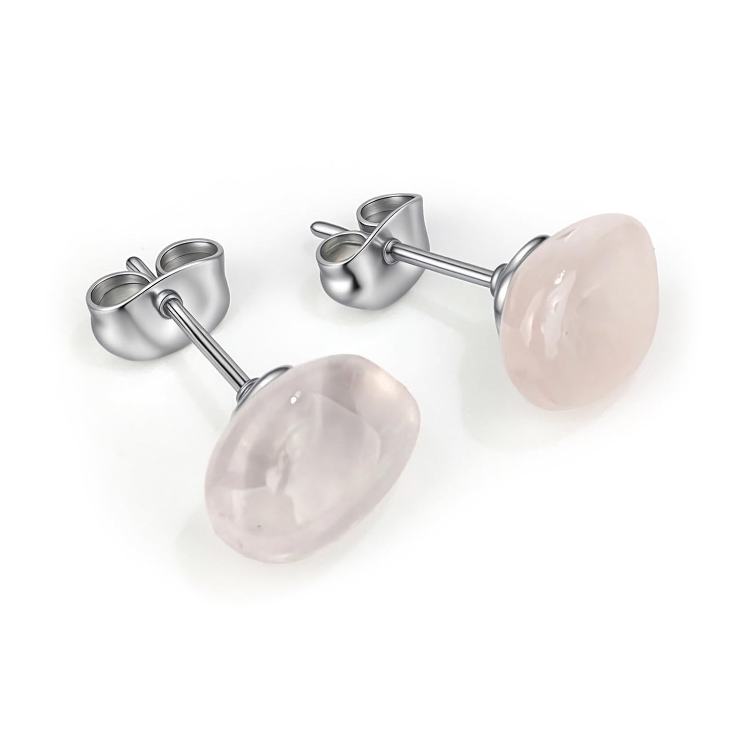 ZILENIU Rose Quartz Stud Earrings, 8-12mm Pink Stone, Handmade, Hypoallergenic Stainless Steel, Casual Wear