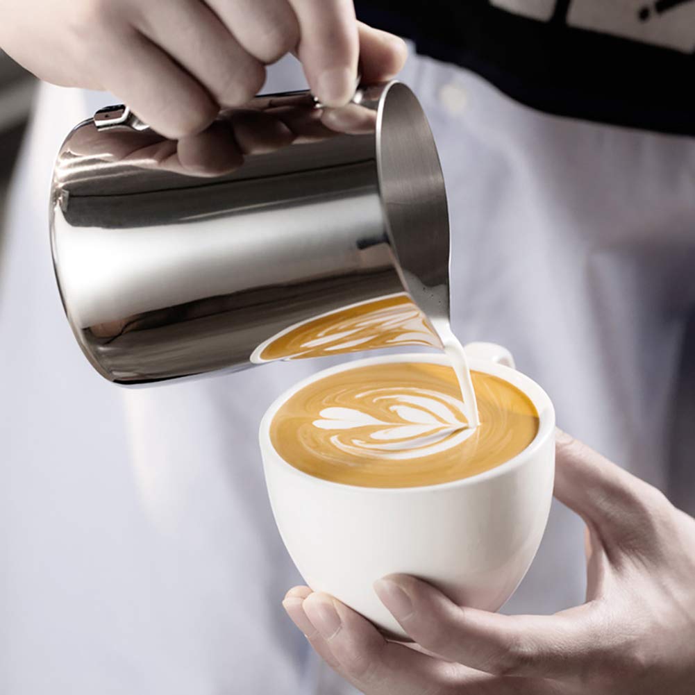 CAMKYDE Stainless Steel Milk Frothing Pitcher 12 oz, Espresso Steaming Pitcher with Decorating Pen for Espresso Machines, Cappuccino, Latte Art (Silver)