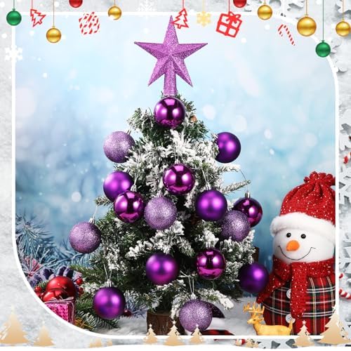 RoundFunny 25 Pcs Mini Christmas Balls Ornaments Set 2.36 Inch Christmas Day Ball Topper Star Tree Hanging Ornaments for Party Decoration(Purple)