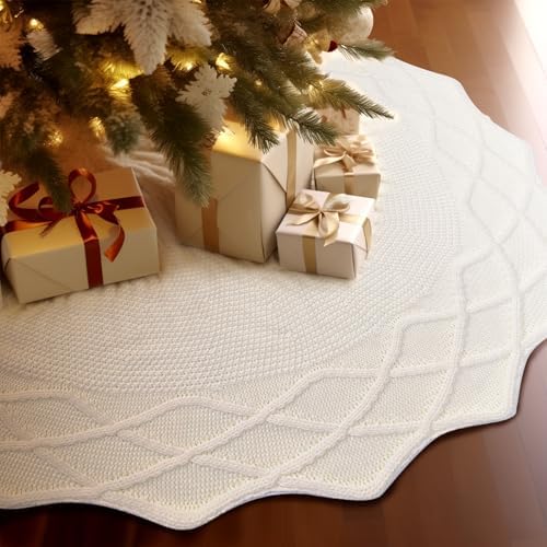 WBHome Christmas Tree Skirt, 48 inch Cable Knit Knitted Thick Rustic Holiday Decoration, Christmas White
