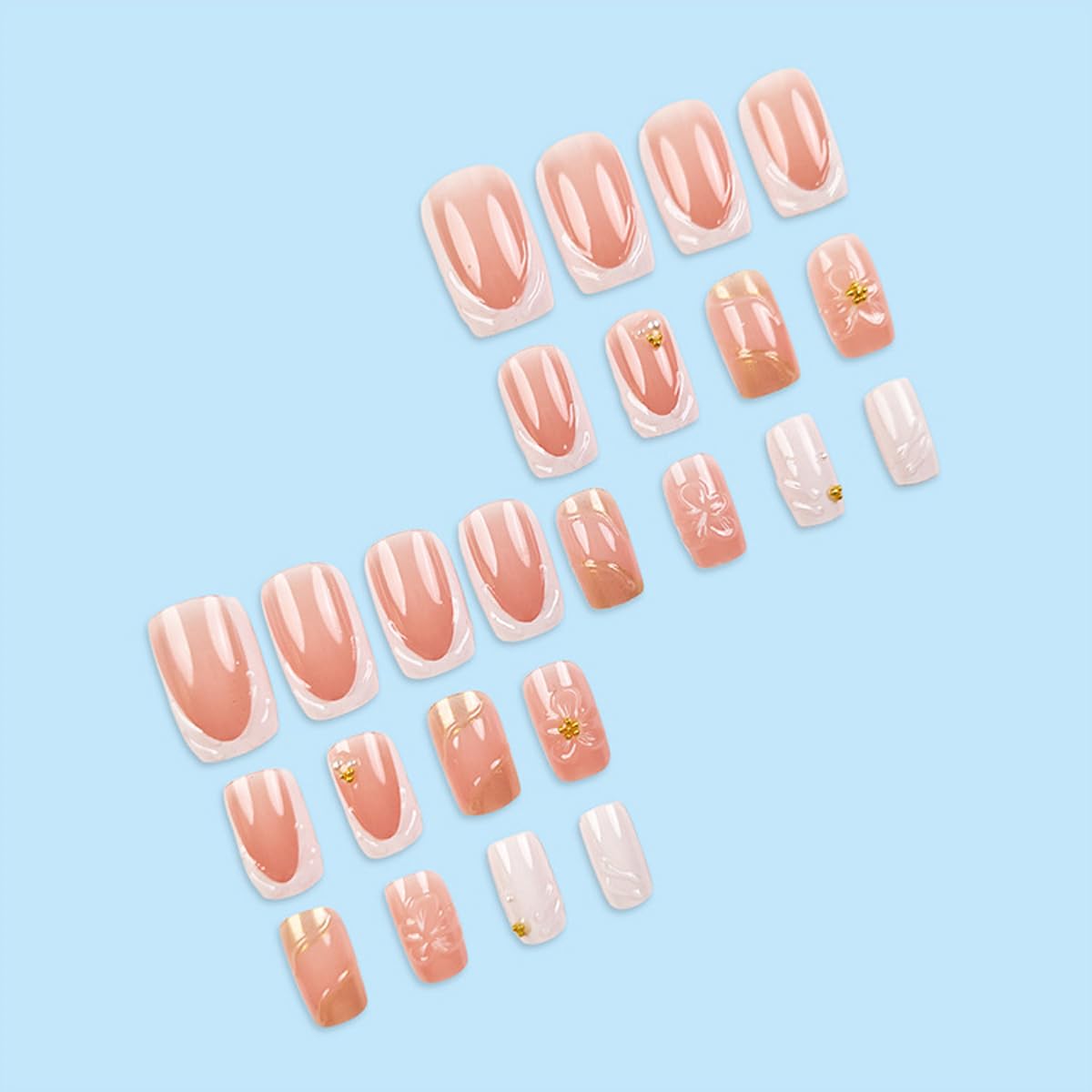 Flower Press on False Nails French Tip Fake Nails Medium Square Glue on Nails with Gold Striped Pearl Designs Glossy Press ons Stick on Nail for Women Manicure 24Pcs