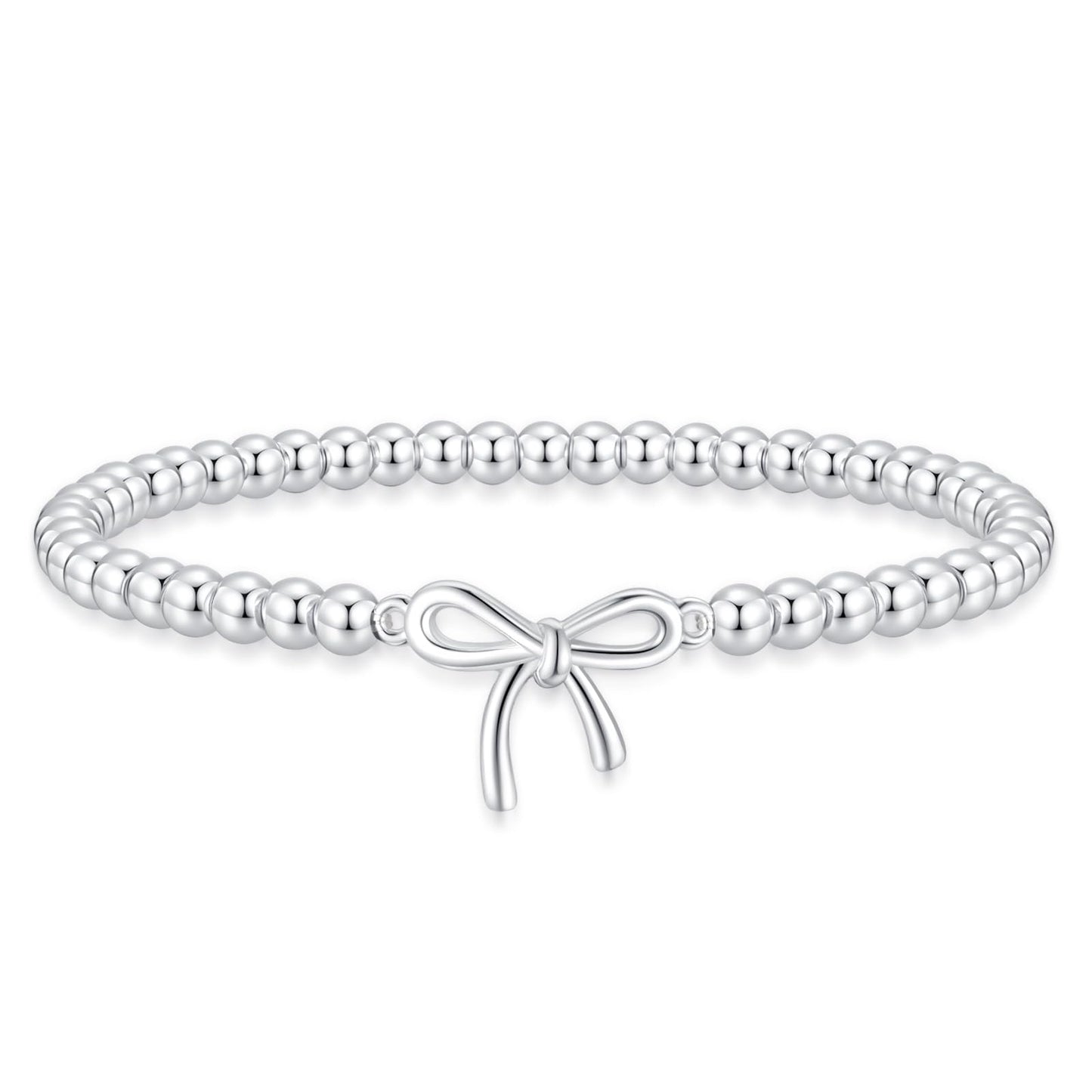 Beaded Bracelets for Women 14K Silver Gold Plated Stretch Handmade Ball Bracelets Cute Charm Bracelet Dainty Stackable Cross Heart Bow Wave CZ Circle Trendy Jewelry Easter Gifts (bow-silver)