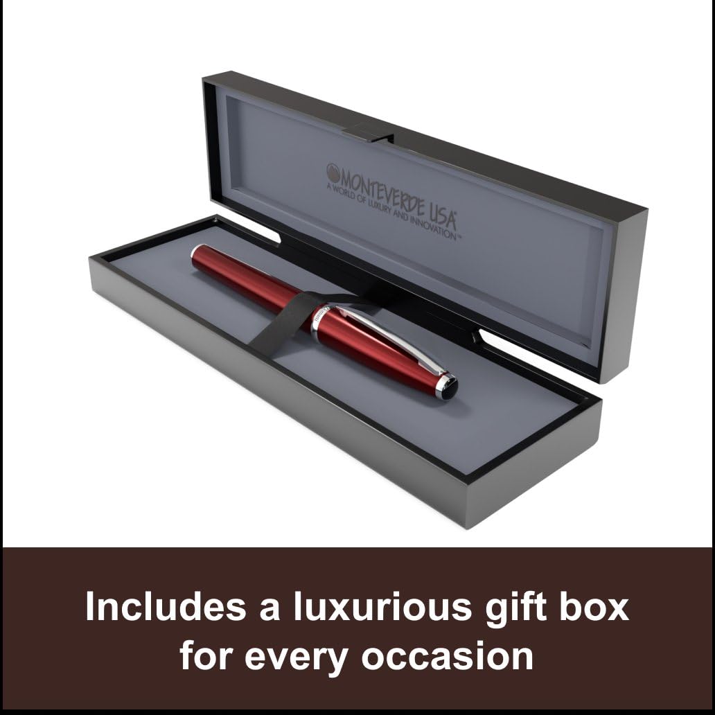 Monteverde USA Aldo Domani Fountain Pen Red – Medium Nib – Free Ink Bottle, Converter & Cartridges – JoWo German Nib – Refillable Gift Pen in Box
