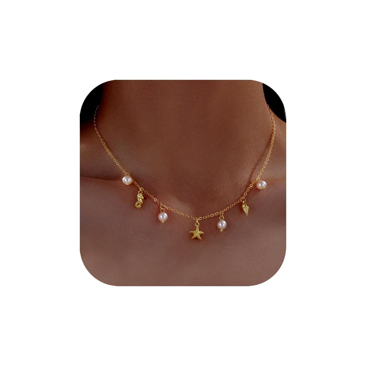 Seashell Starfish Necklace for Women Conch Shell Summer Pearl Beach 14k Gold Layered Dainty Choker (Conch Pearl)