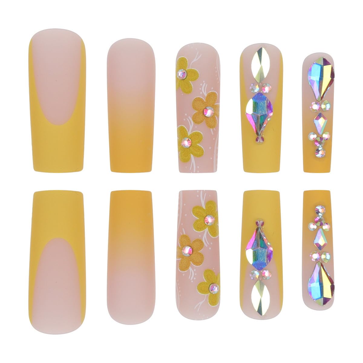 Long Press Coffin False Nails with Yellow Ombre Design Full Cover Glue on Rhinestones Stick on Acrylic Artificial Nails for Women Manicure 24Pcs