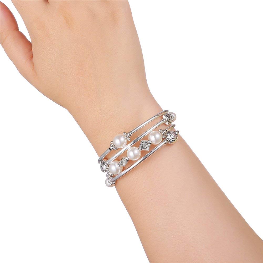 Beaded Pearl Bangle Wrap Bracelet - Fashion Bohemian Jewelry Multilayer Charm Bracelet with Thick Silver Metal Beads, Gift For Women(White)