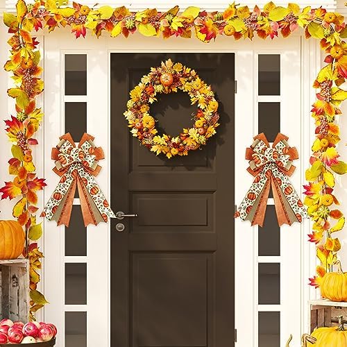 Whaline 2 Pack Fall Wreath Bow Pumpkin Print Burlap Bow Autumn Decorative Tree Topper Ornaments Gift Bows for Thanksgiving Birthday Wedding Party Supplies Indoor Outdoor Home Decor, 19.7 x 11.4 Inch