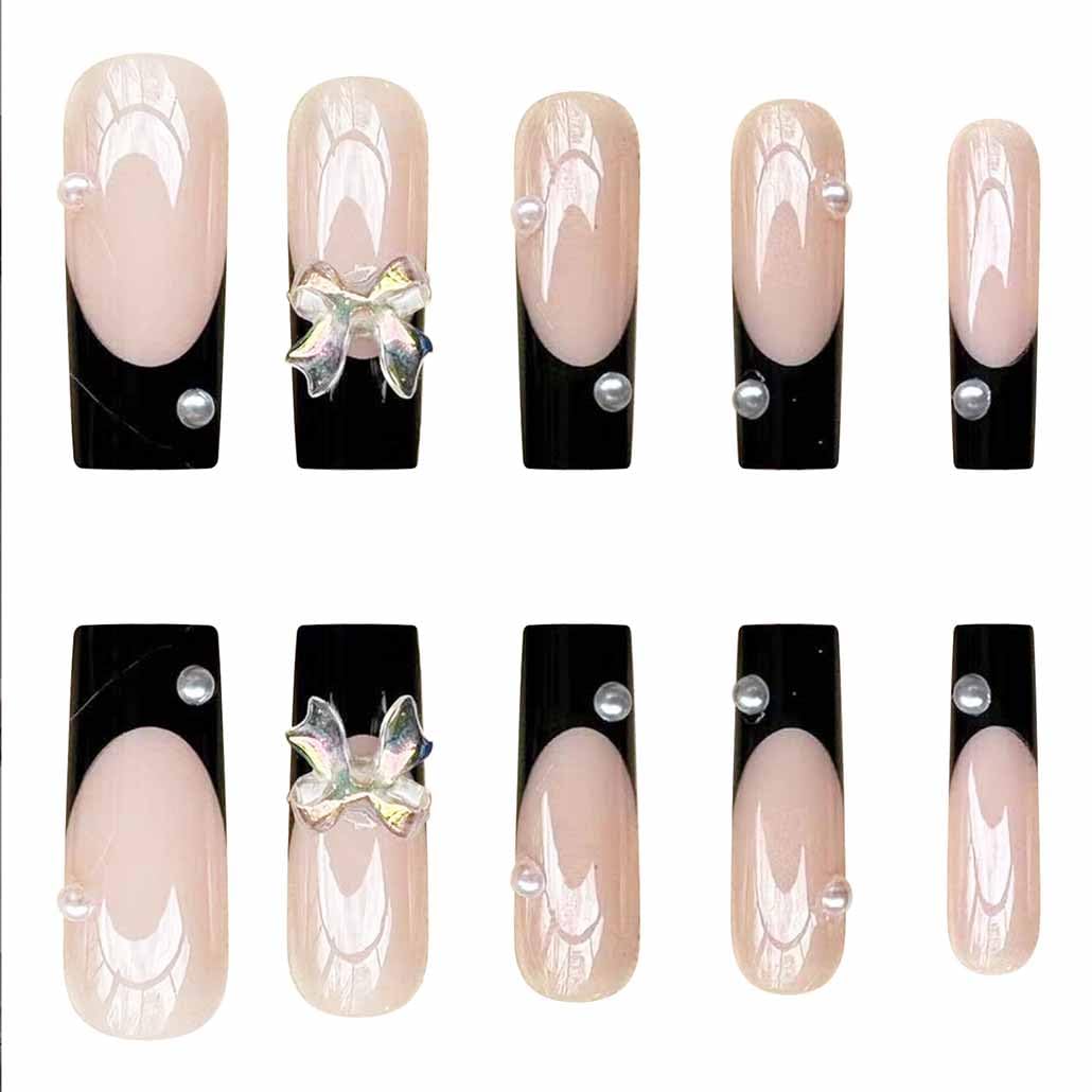 Foccna Black Press on Nails Long, Extra Long Clear Fake Nails Square Acrylic False Nails French,Artificial Nails for Women and Girls,24 pcs