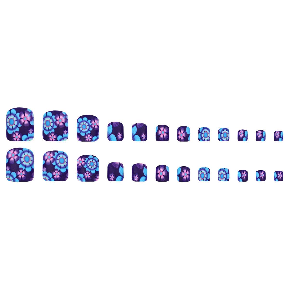 24PCS Summer Daisy Press on Toenails Short Square with Flower Designs Blue Purple Flower Matte Acrylic Full Cover Spring Summer Reusable False Toe Nails Kit with Jelly Toenails for Women