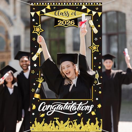 WovWeave Class of 2026 Graduation Photo Booth Props Frame 71x39 Inch - Black and Gold Graduation Decorations Backdrop Large Congratulations Banner for High School College Party Selfie Background - style: Black Gold Grad