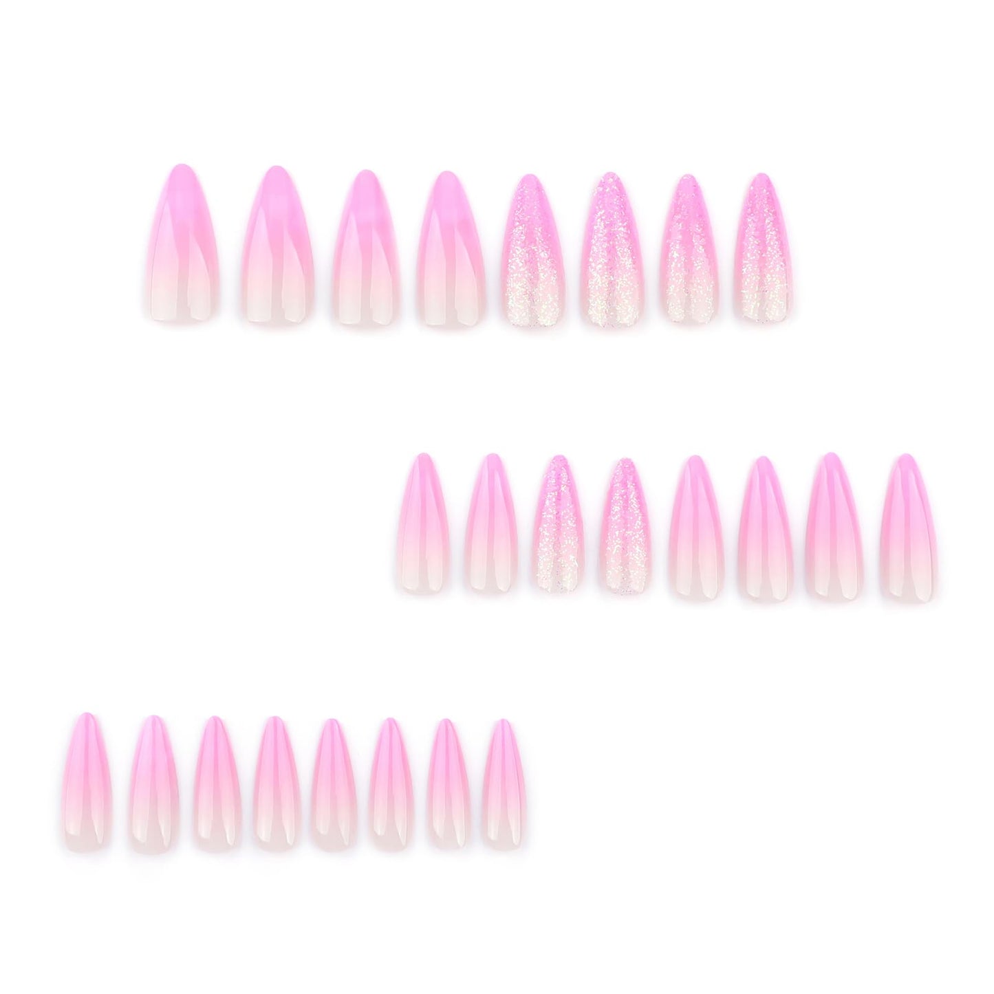 MISUD Press on Nails - Long Stiletto Glue on Nails with Pink Ombre, Acrylic Bling Glitter Design 24 pcs