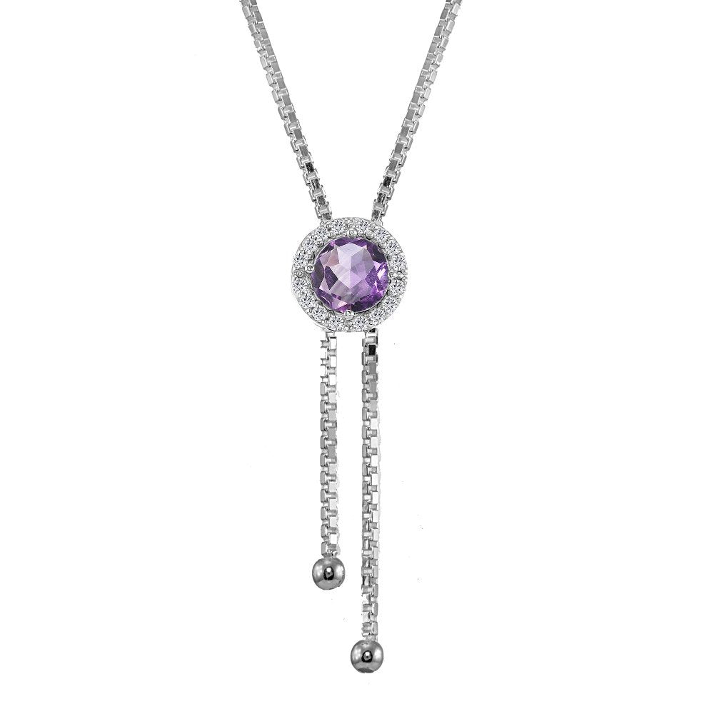 GemStar USA Sterling Silver Amethyst and White Topaz Round Halo Drop Adjustable Lariat Necklace