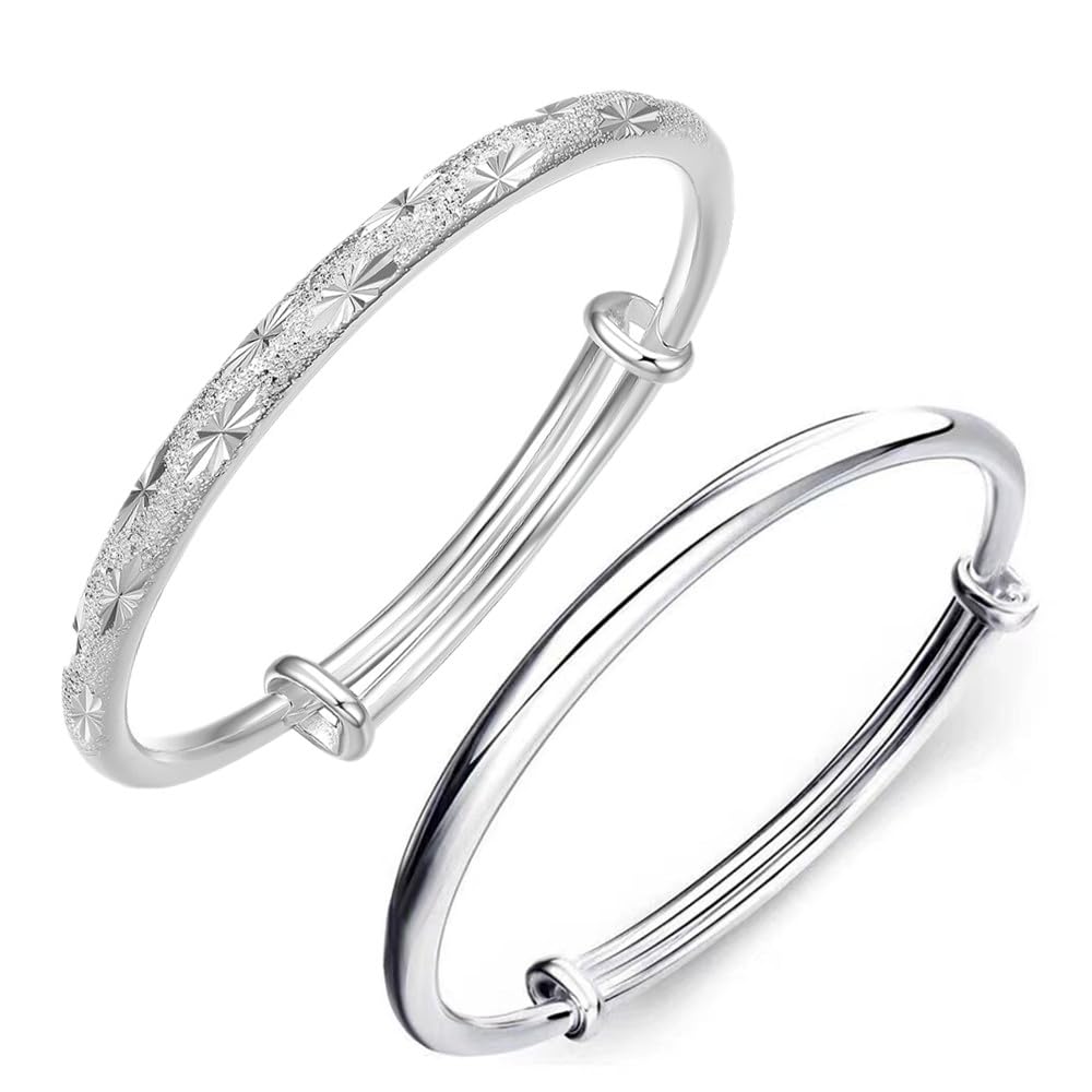Eyixvan 2 Pack Silver Plated Bangle Bracelets for Women, Stackable Adjustable Classical Bangle Set for Women, Jewelry Gift for Valentines Day, Anniversary, Mothers Day,Birthday,Christmas Gift for Her