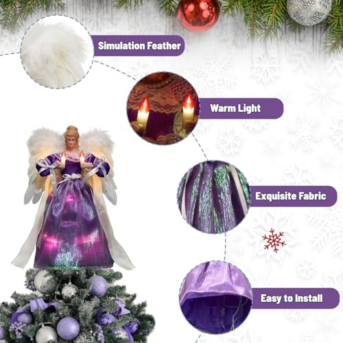 Moving Angel Tree Topper with Lights, 12’’ Purple, Separately Controlled Flapping Wings and Bright LEDs, 6 On / 18 Off Hours Cycle