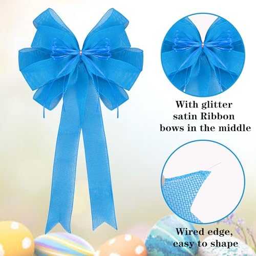 2 Pack Blue Christmas Tree Bows 12x20inch Large Burlap Wreath Bow with Glitter String for Christmas Tree Topper,Home Front Door Decor,Easter Bow,Valentines and Party Decor
