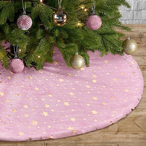 Plush Christmas Tree Skirts, 30 inches Luxury Pink Faux Fur Xmas Tree Base Cover Mat with Gold Stars for New Year Home Party Decorations(Pink Star, 30 inches)