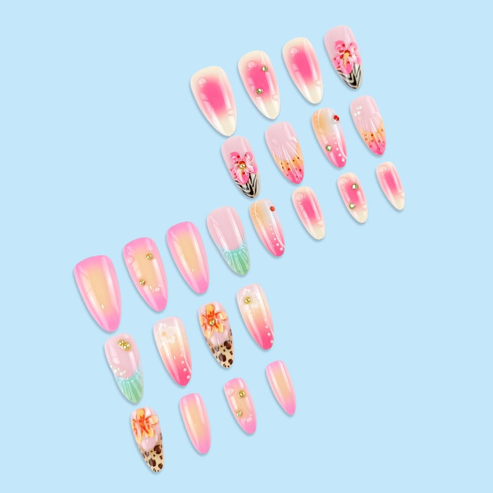 Mkwntg 24Pcs Flower Press on Nails Medium Almond Fake Nails with 3D Gold Beads Pearl Shell Rhinestones Design Blue Leopard Brown French Tip False Nails Pink Ombre Full Cover Stick on Nails for Women
