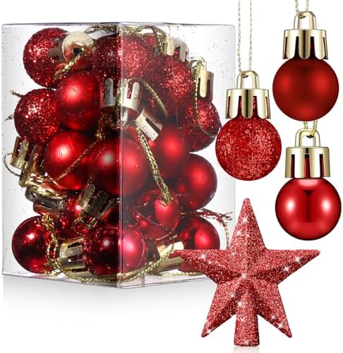 RoundFunny 25 Pcs Mini Christmas Balls Ornaments Set 0.79 Inch Christmas Day Ball Topper Star Tree Hanging Ornaments for Party Decoration(Red)