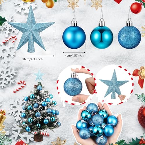 RoundFunny 25 Pcs Mini Christmas Balls Ornaments Set 1.57 Inch Christmas Day Ball Topper Star Tree Hanging Ornaments for Party(Lake Blue)