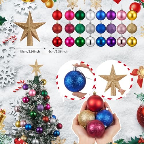 RoundFunny 25 Pcs Mini Christmas Balls Ornaments Set 2.36 Inch Christmas Day Ball Topper Star Tree Hanging Ornaments for Party Decoration(Bright Colors)