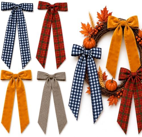 Suncalla 8 Pcs Fall Wreath Bows 14.2-17.9in Buffalo Plaid Velvet Burlap Bow