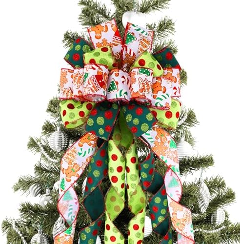 Suncalla 2 Pcs 44 x 13 Inch Large Christmas Tree Toppers Green Christmas Tree Ornaments Gingerbread Man Ribbon Bows Lime Green Glitter Polka Dot Wreath for Xmas Holiday Indoor Front Door Staircase