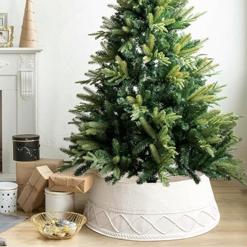 NIBESSER Knit Christmas Tree Collar White 30 Inches Ivory Tree Skirt Ring Tree Basket Plastics Sheets with Collar Cover Holiday Home Party Christmas Tree Decoration Xmas Ornaments