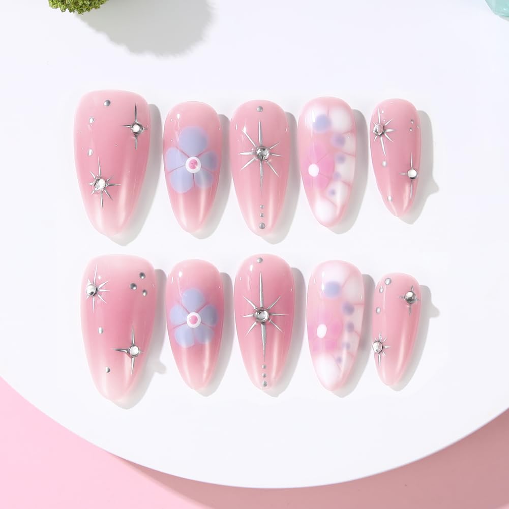 ADAIER Handmade Press On Nails, French Nails,wedding, party,Short Coffin Nails Set for Handmade,Reusable Opaque Nails in 10 Nail Kit for Women(Z-02) (Pink, S)