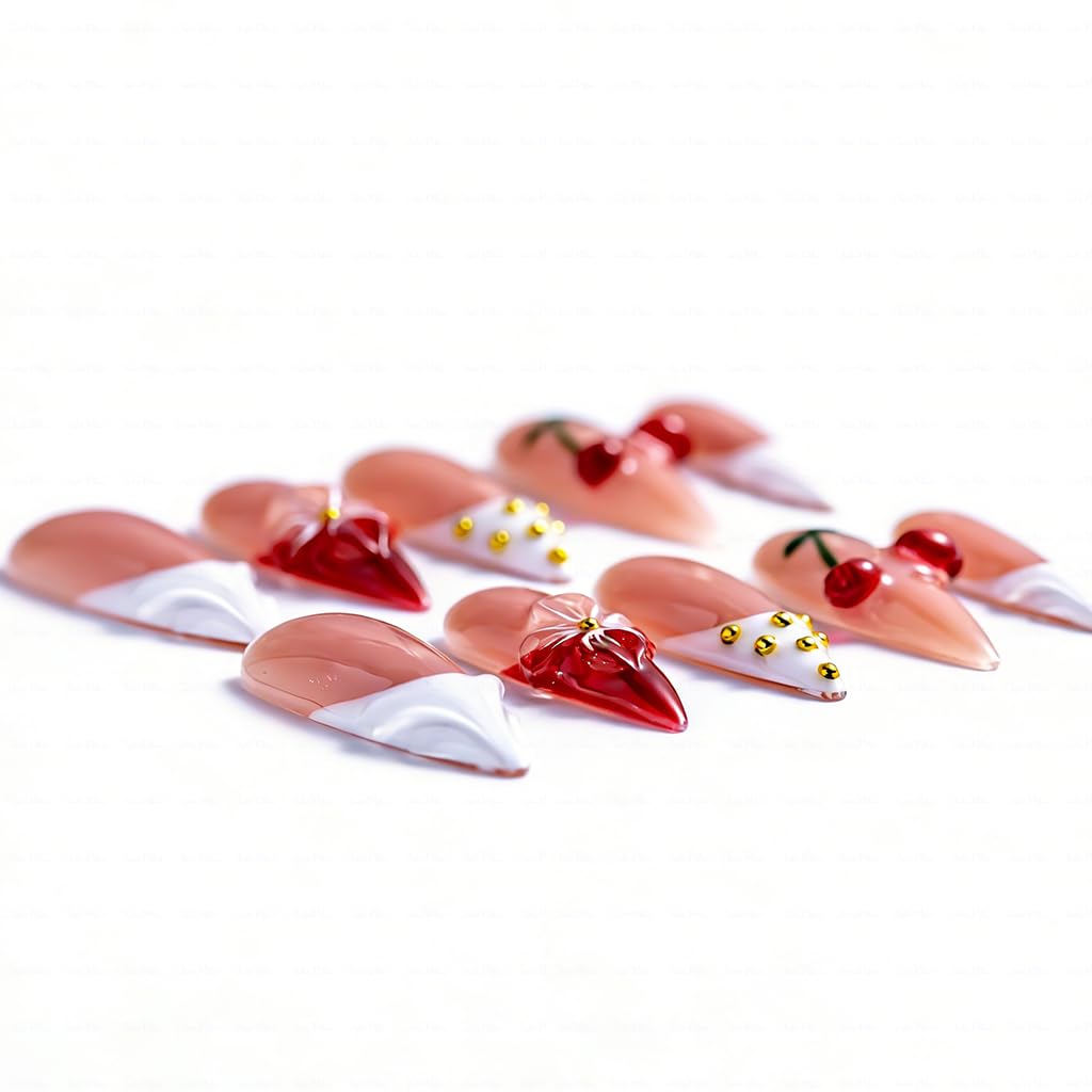 IntoVibes 10 Pieces Handmade Long Almond Press On Nails, White Thickened French False Nails, 3D Flowers And Cherries, Reusable Fake Nails Almond, Reusable Acrylic Nails (M)