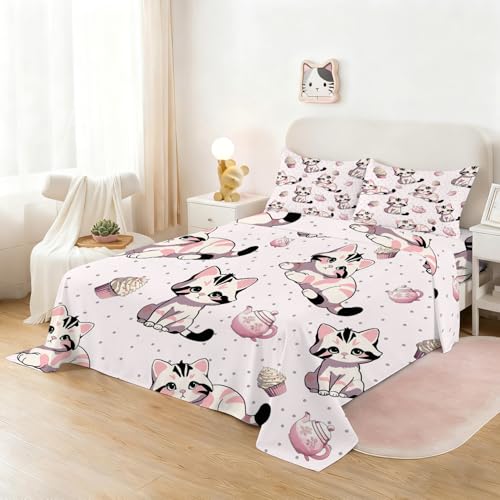 Girls Pink Fitted Sheet Set Twin Size Cute Cat Sheet Set Kawaii Kids Sheet Soft Microfiber 3-Piece Sheet Set Twin Bedspread 1 Fitted Sheet+1 Flat Sheet+1 Pillowcase Cartoon Bedding Set - color: Pink-cat, size: Twin