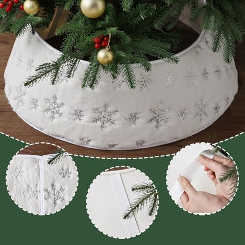 Faux Fur Christmas Tree Collar: Rustic White Luxury Plush Fur Christmas Tree Collars with Sliver Snowflake Sequins Pattern, Size Adjustable Farmhouse Modern Xmas Tree Skirt for Christmas Home Decor
