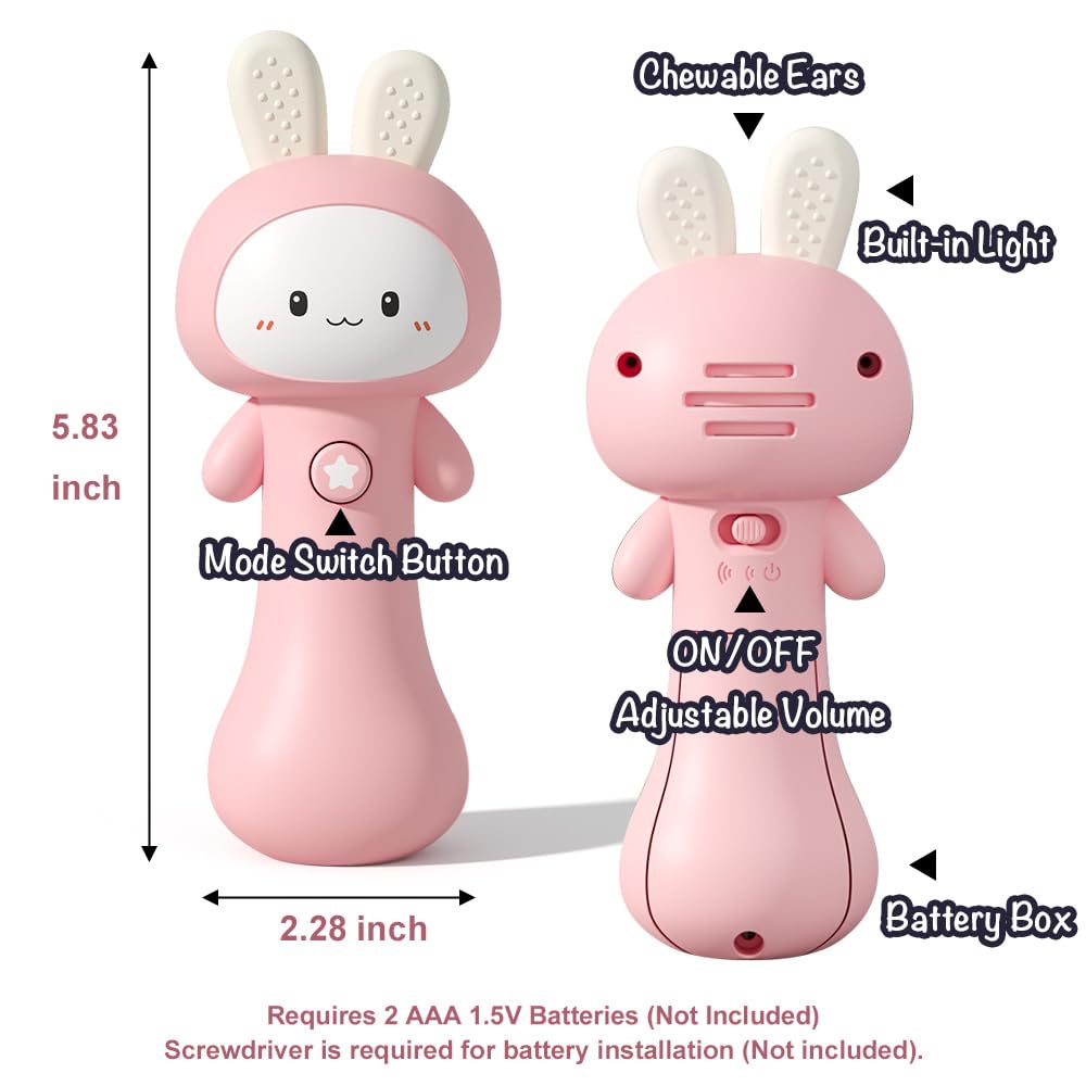 VKTEN Bunny Baby Rattle Toy with Light & Sound – Interactive Teething & Sensory Toy – Ideal Easter Basket Stuffer for Baby 3-24 Months
