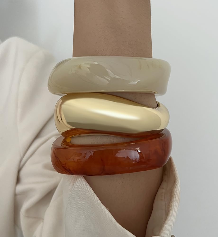 Chunky Gold Acrylic Bangle Bracelets for Women, Dainty 14k Gold Plated Big Stackable Orange Bangles Set, Trendy Cuff Bracelet Summer Beach Jewelry Gifts Amber Bangle