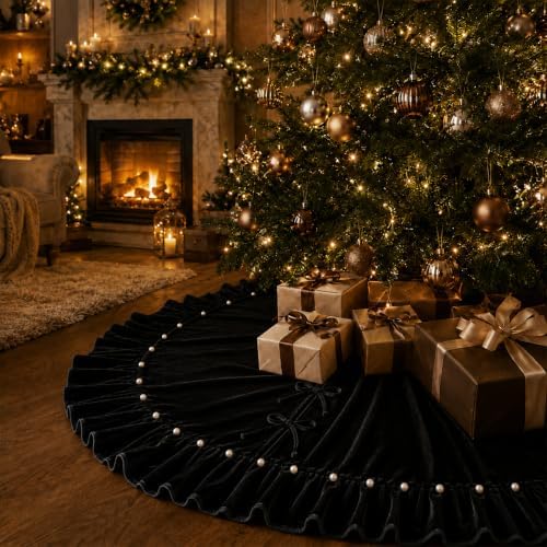 Christmas Tree Skirt,Velvet Tree Skirt with Ruffled Edge with Pearls, Classic Large Velvet Fur Plush Tree Skirt for Merry Christmas(Black,48Inch)