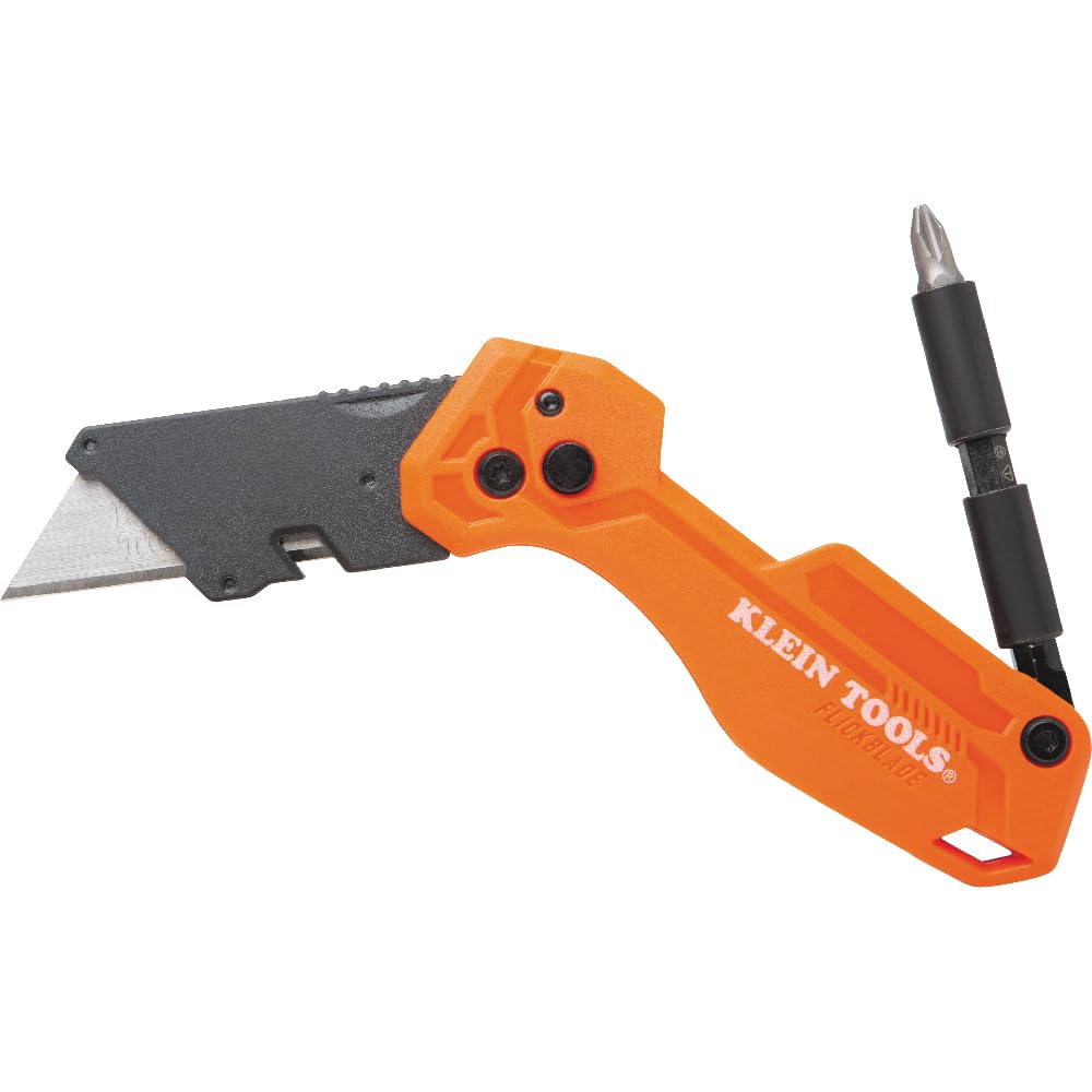 Klein Tools 44304 Folding FLICKBLADE Utility Knife, Compact, Removable Impact Driver, 1/4-Inch Nut Driver and #2 Phillips Bit