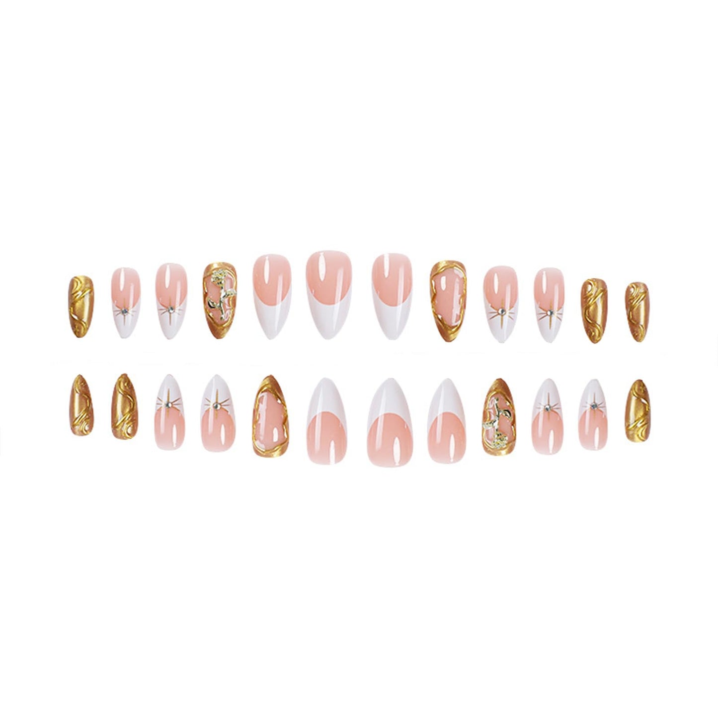 SINHOT Almond Press on Nails Medium Fake Nails Glossy Glue on Nails 3D Gold Rose Acrylic Nail Gold Chrome Stiletto Artificial Nail French Tip Stick on False Nail with Design 24 pcs