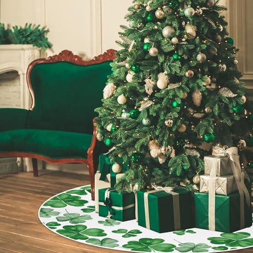 Double-Sided St. Patrick's Day/Happy Valentines Tree Skirt 36In Short Plush Lucky Shamrock Love Heart Tree Mat Festive Watercolor Style Mat for Home Office Tabletop Tree Spring Holiday Decor