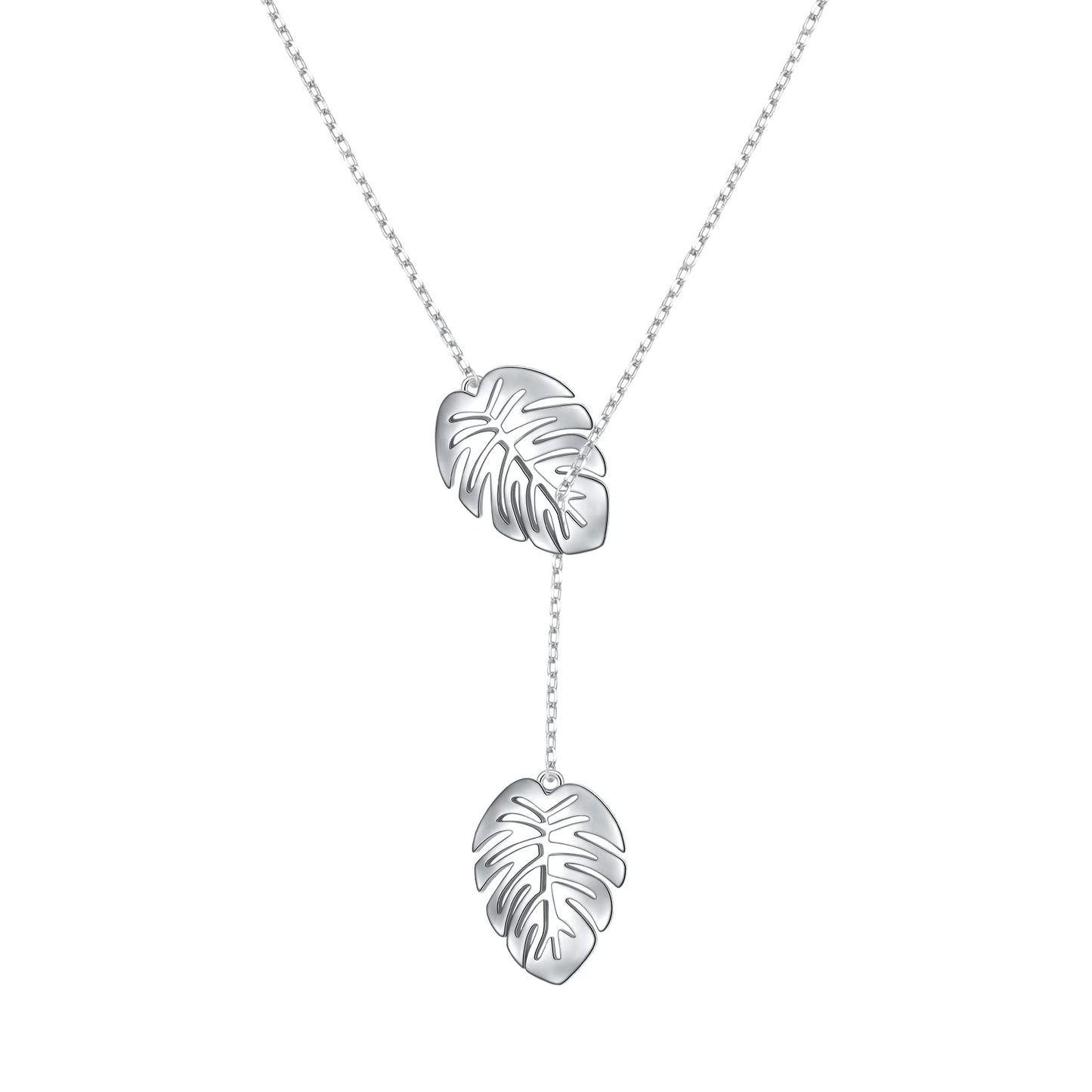 DAOCHONG Monstera Palm Leaf Y Shaped Lariat Necklace Sterling Silver Palm Leaf Lariat Long Chain Drop Adjustable Necklace Layered Necklace 30"