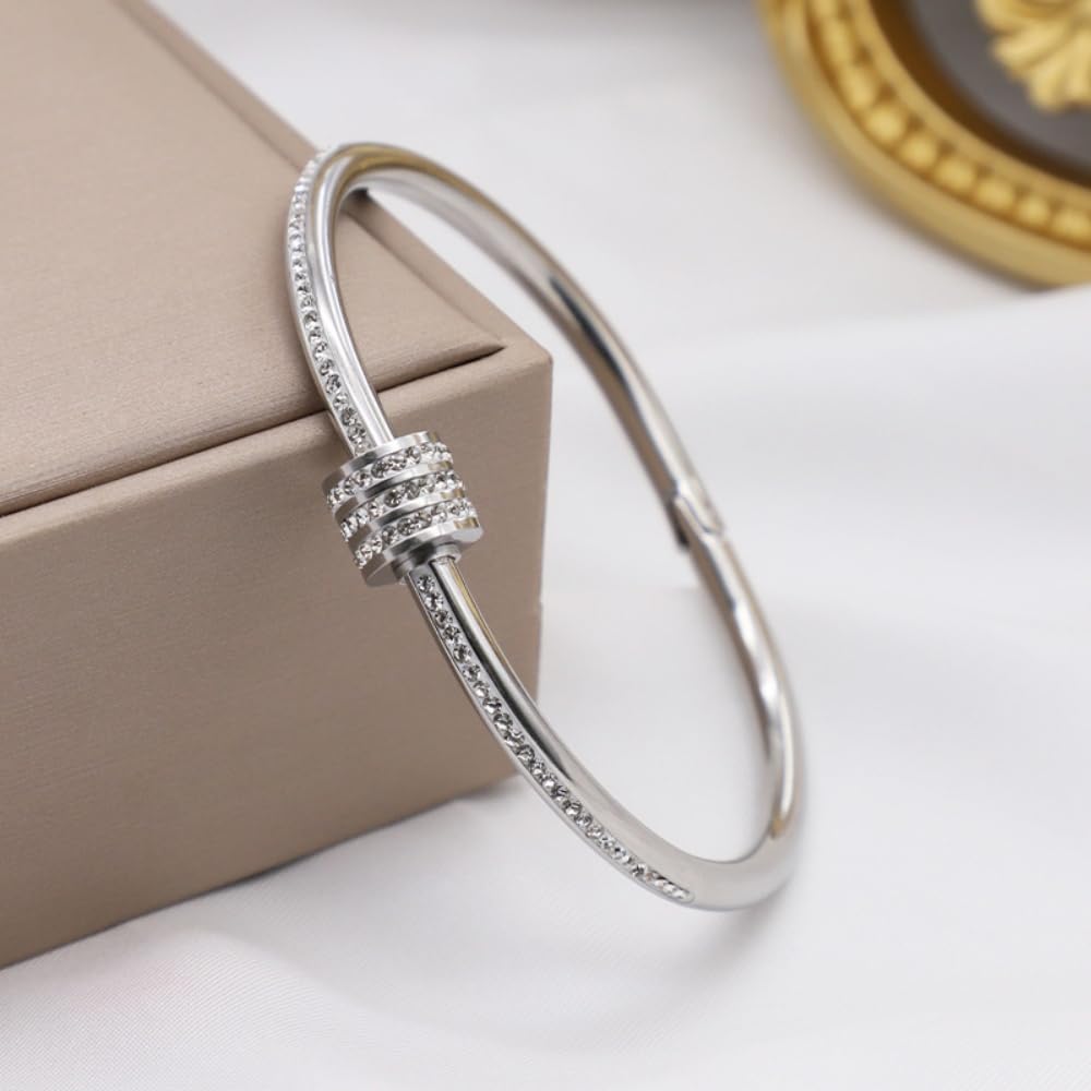 Dainty Bangle Bracelet for Women Personalized Cubic Zirconia Stainless Steel Bracelets Tiny Waist Oval Bangles Bracelets Gifts for Love (S)