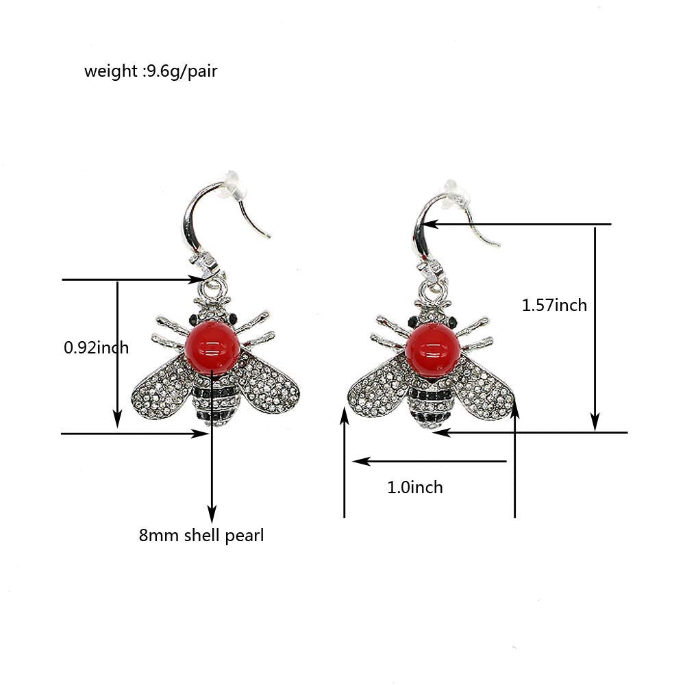 Honey Bee Drop Earrings Crystal Insect Themed Dangle Earring Animal Fashion Shell Pearl Hook Earring Platinum Tone for Women Jewelry (Platinum Red Pearl earring)
